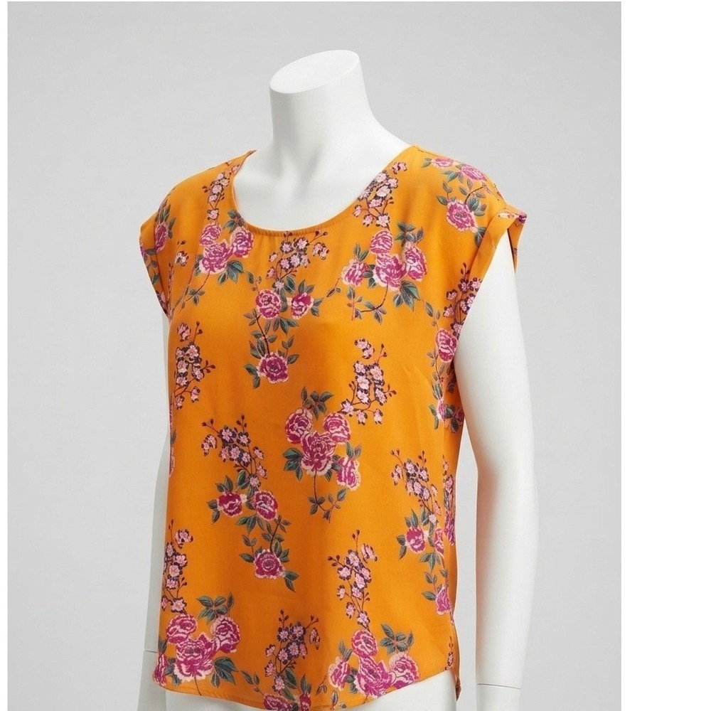 Hippie Rose Womens Mustard Yellow Floral Short Sleeve Back Zip‎ Blouse small